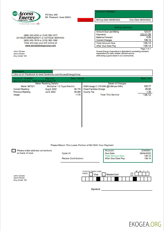 USA Iowa Access Energy Cooperative utility bill template in Word and PDF format
